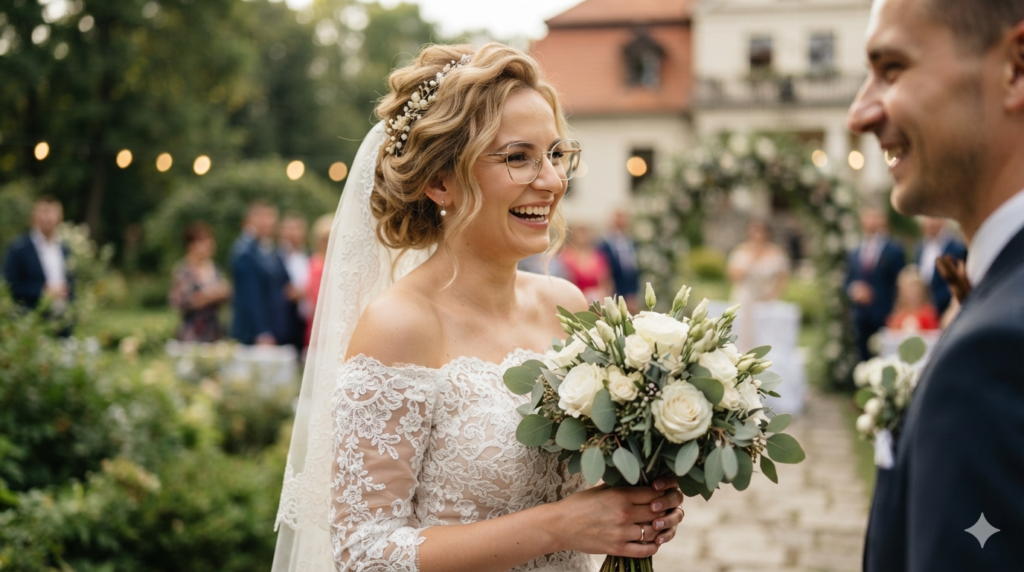 Na zdjęciu widać radosną Pannę Młodą podczas ceremonii ślubnej na świeżym powietrzu
